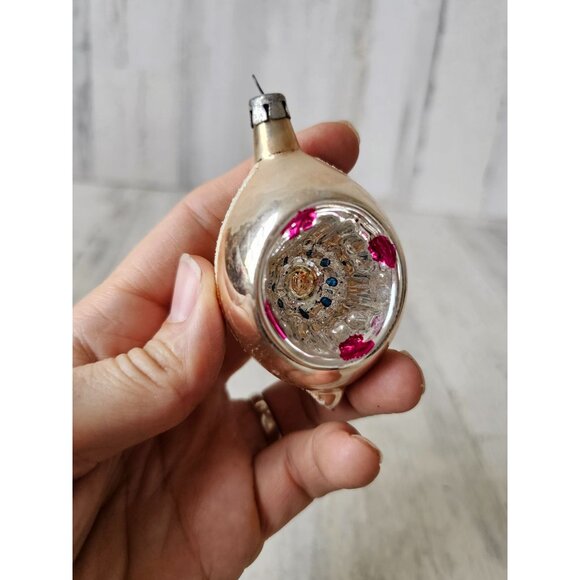 Vintage Mercury glass indent teardrop blue striped flocked ornament Xmas tree - Picture 4 of 13